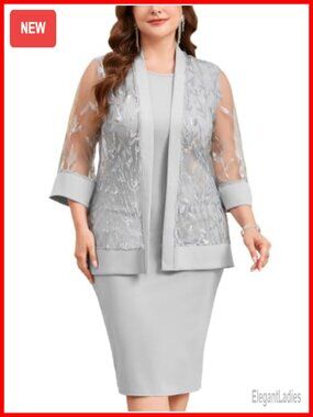 Plus Size 2 Piece Formal Dress Suit with Sequin Leaf Jacket Wedding Guest
